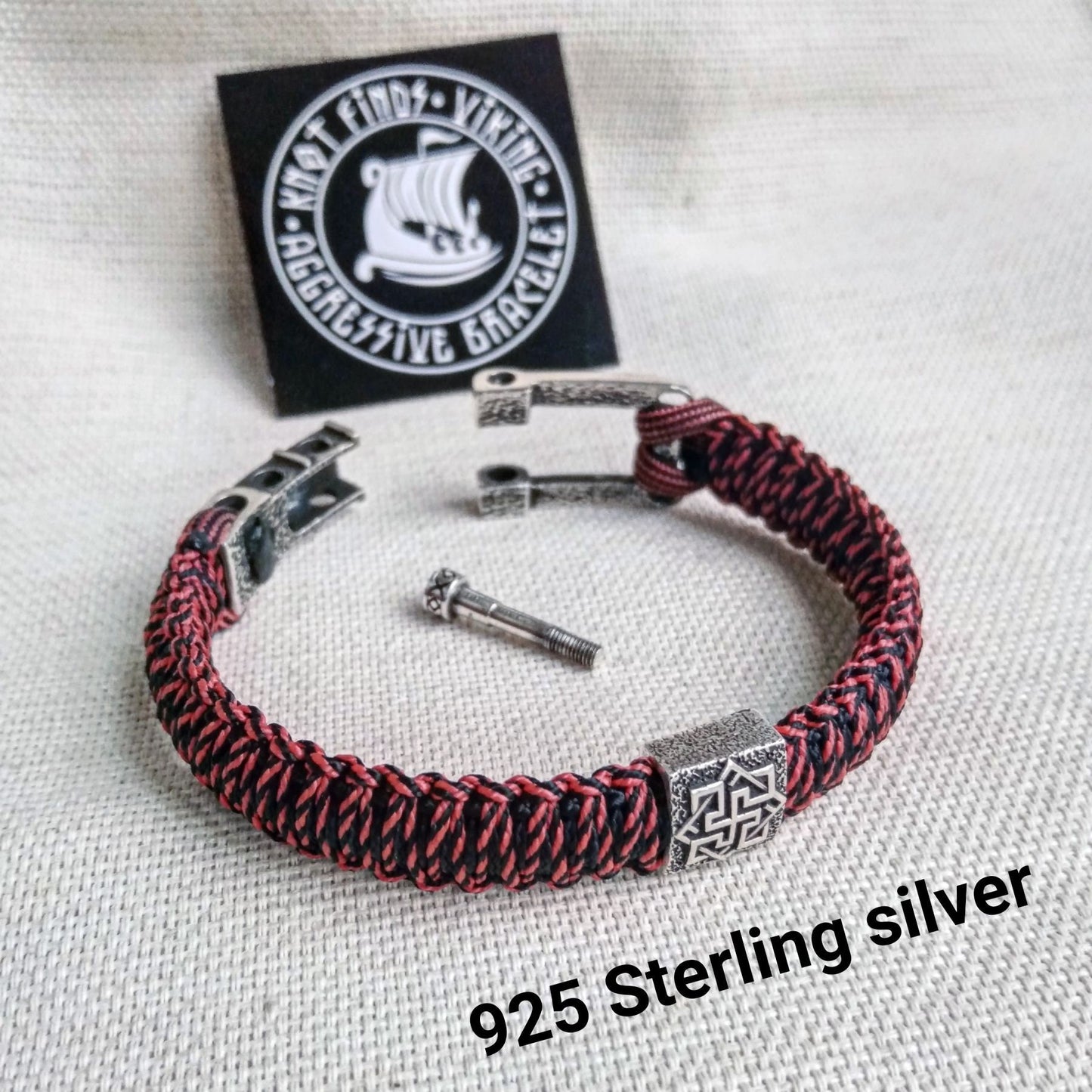 Paracord bracelet. 925 Sterling silver Vikings jewelry for Men and woman . Bloody strip Celtic bangle