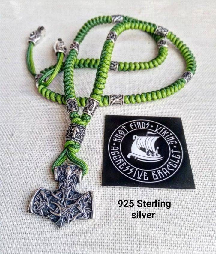 Mens necklace, 925 Sterling silver. Paracord necklace with beads. Mjolnir necklace. Celtic knot.