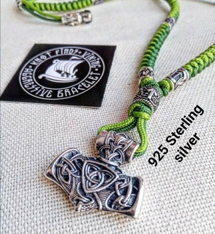 Mens necklace, 925 Sterling silver. Paracord necklace with beads. Mjolnir necklace. Celtic knot.