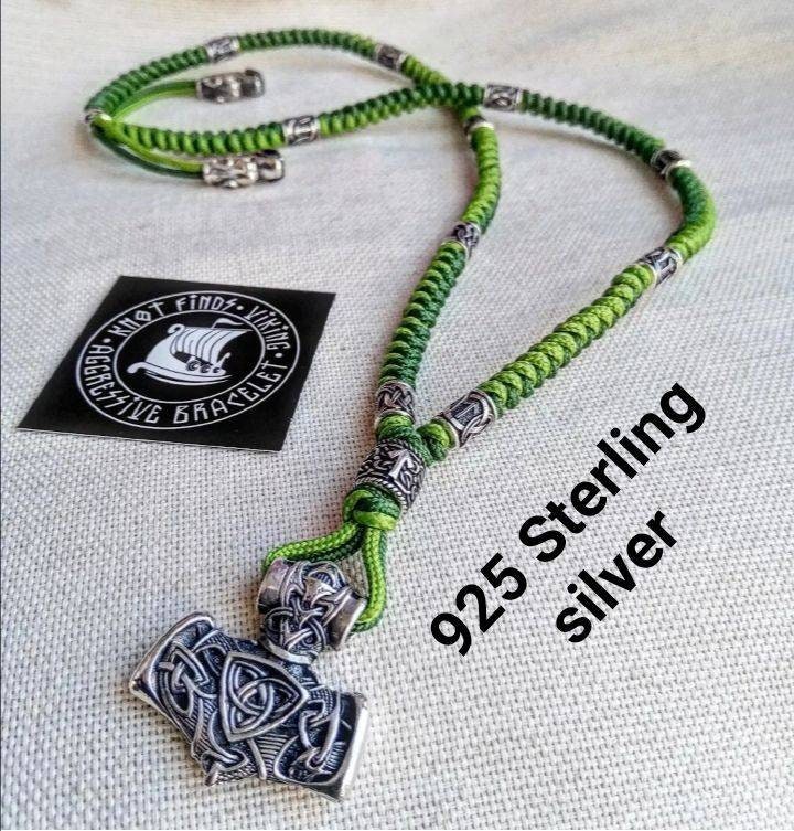 Mens necklace, 925 Sterling silver. Paracord necklace with beads. Mjolnir necklace. Celtic knot.