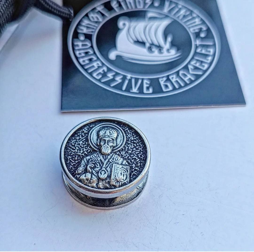 Bead SAINT NICHOLAS. Steel bead for paracord Bracelet. Protective amulet. Manual casting. Religious symbols.