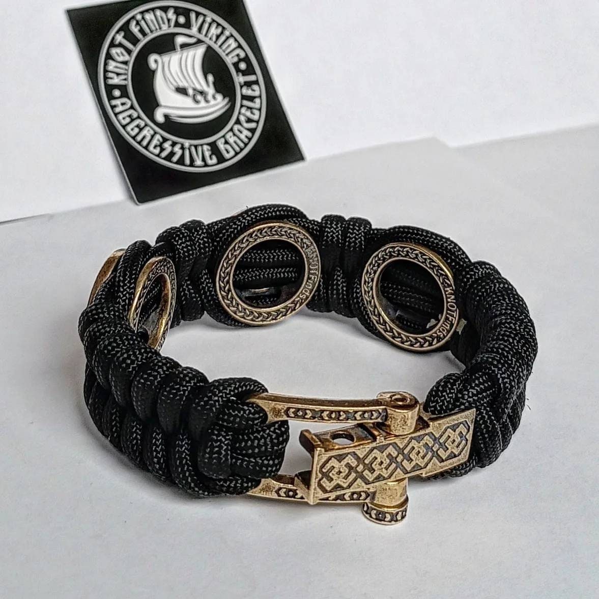 Black Paracord protective amulet with brass beads "Valkyrie", "Vegvisir", "Valknut". Viking bracelet.