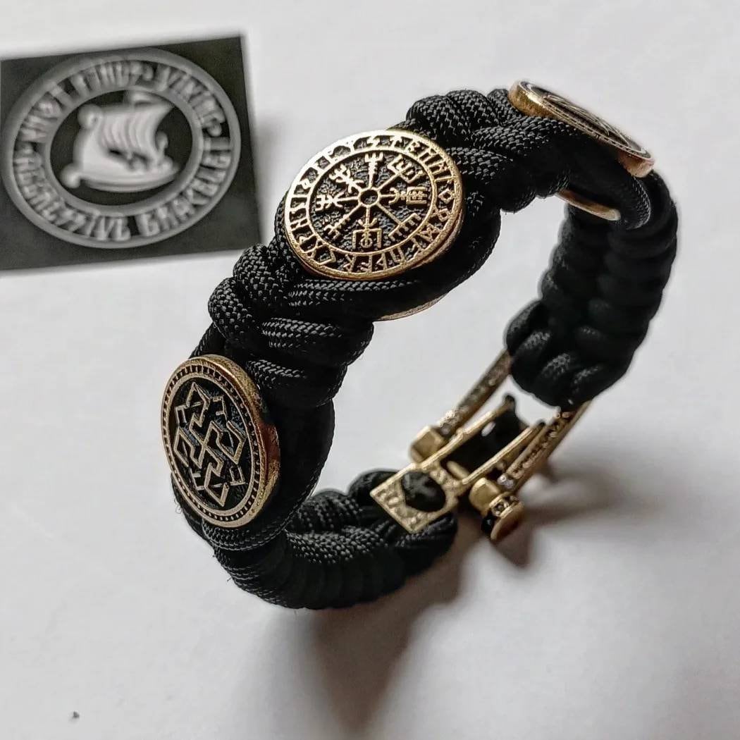 Black Paracord protective amulet with brass beads "Valkyrie", "Vegvisir", "Valknut". Viking bracelet.