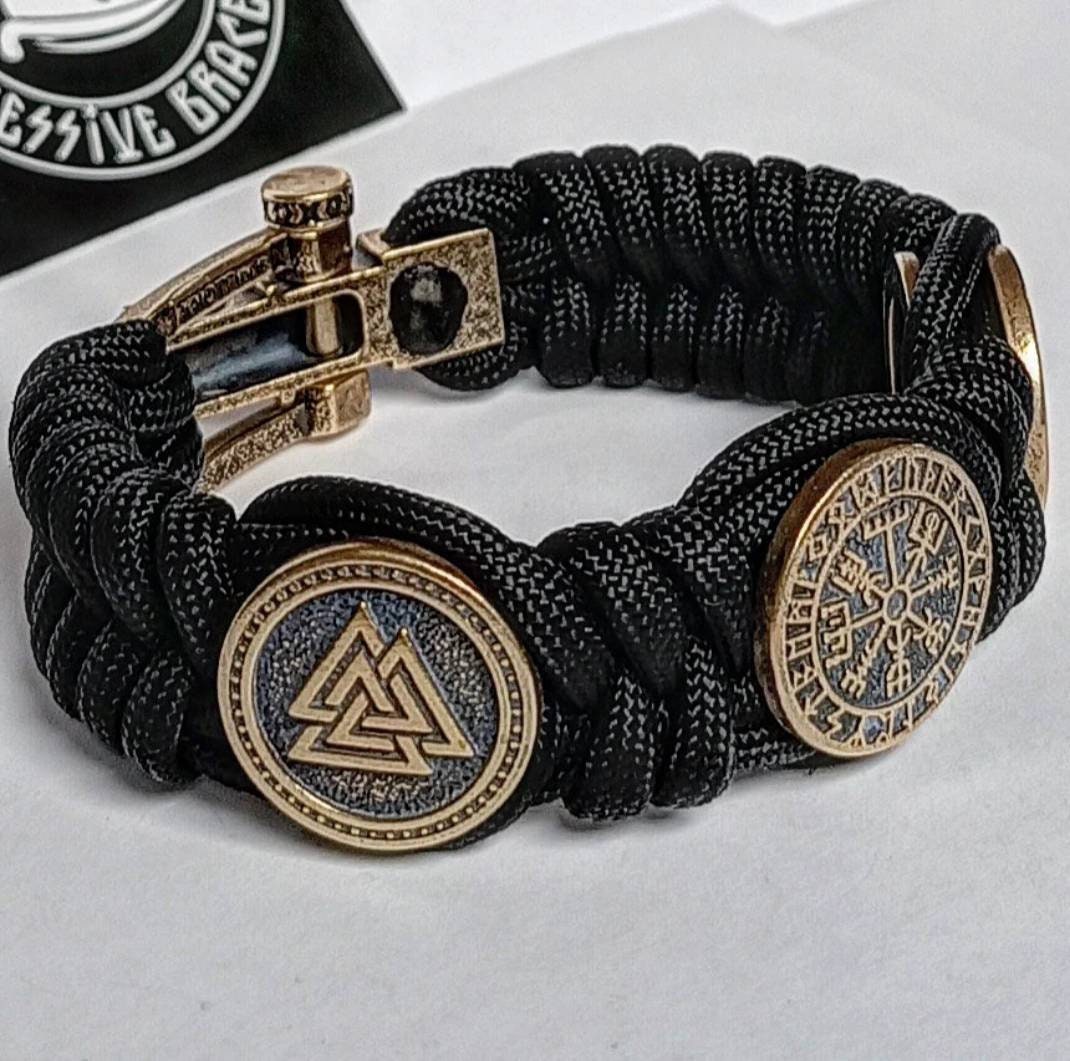 Black Paracord protective amulet with brass beads "Valkyrie", "Vegvisir", "Valknut". Viking bracelet.