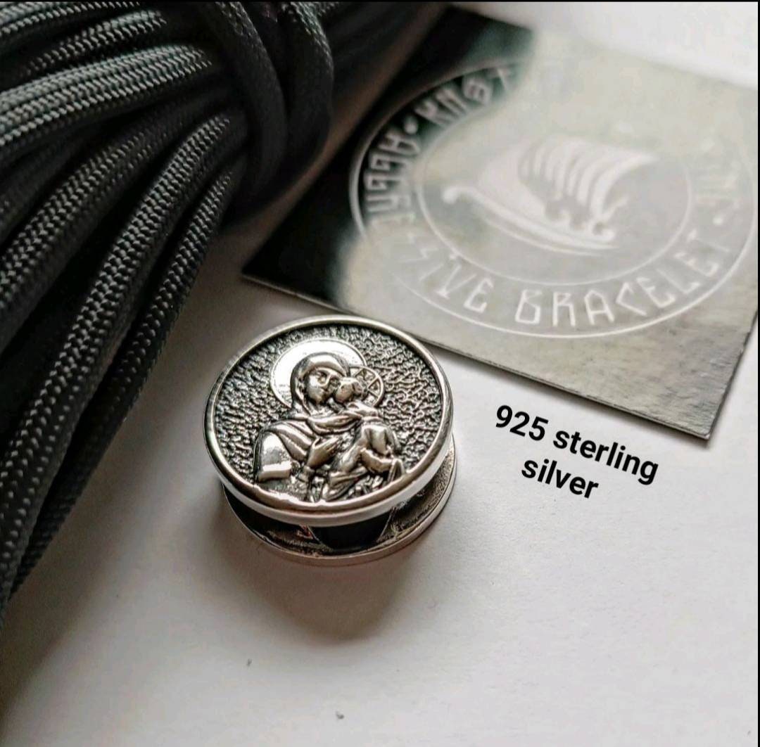 Virgin Mary symbol. 925 Sterling Silver Round Bead. Bead for Bracelet. Religious Accessory. Easter holidays.