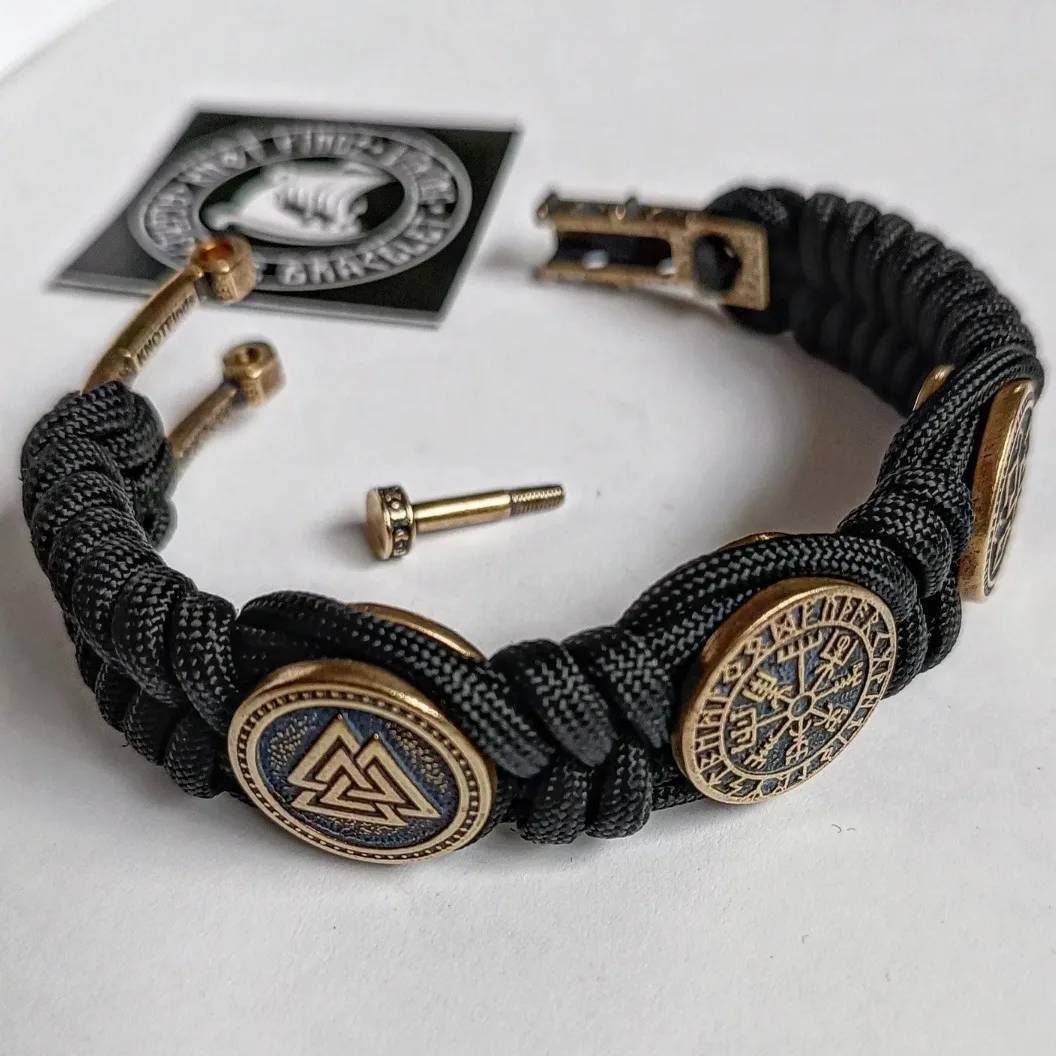 Black Paracord protective amulet with brass beads "Valkyrie", "Vegvisir", "Valknut". Viking bracelet.