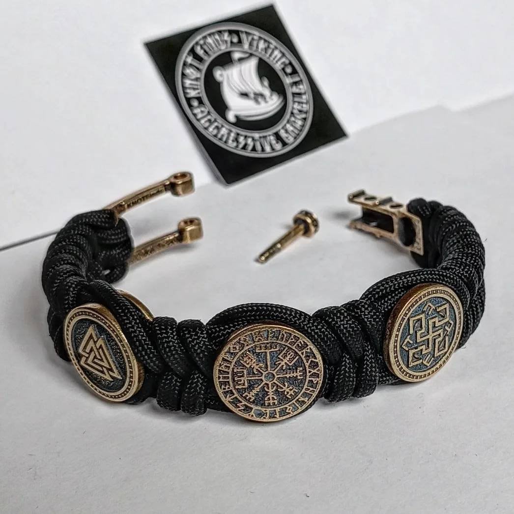 Black Paracord protective amulet with brass beads "Valkyrie", "Vegvisir", "Valknut". Viking bracelet.