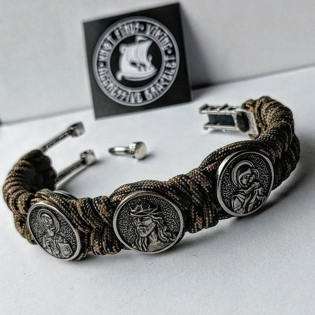 Religious protective amulet. Jesus Christ, Saint Nicholas, Virgin Mary. Steel religious beads. Easter gift.