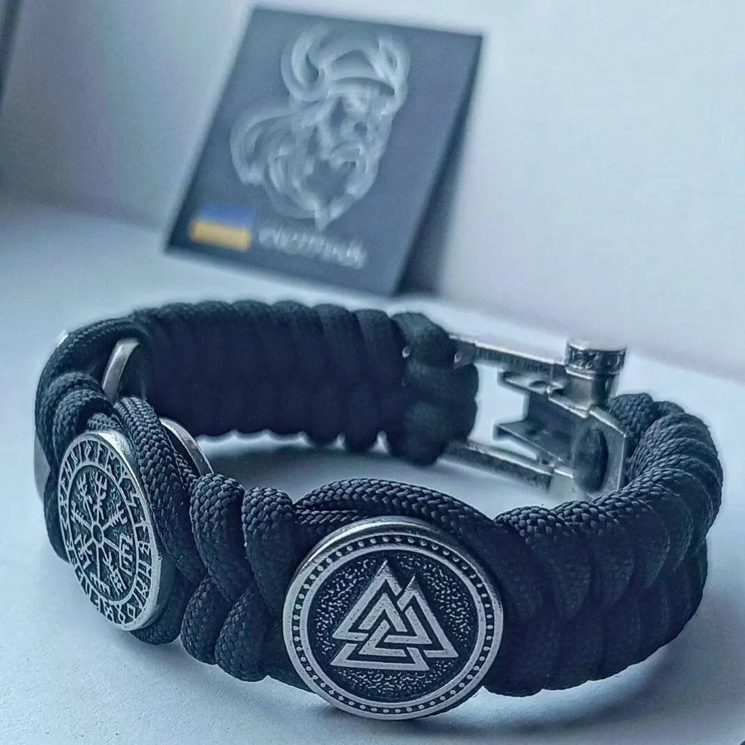 Viking protective amulet with steel beads Valkyrie, Vegvisir, Valknut. Scandinavian jewelry.