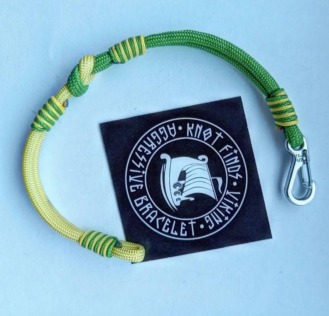 Thin yellow and green mint Nordic paracord bangle with a carabiner. Extreme durable. Gift to a friend for his birthday.