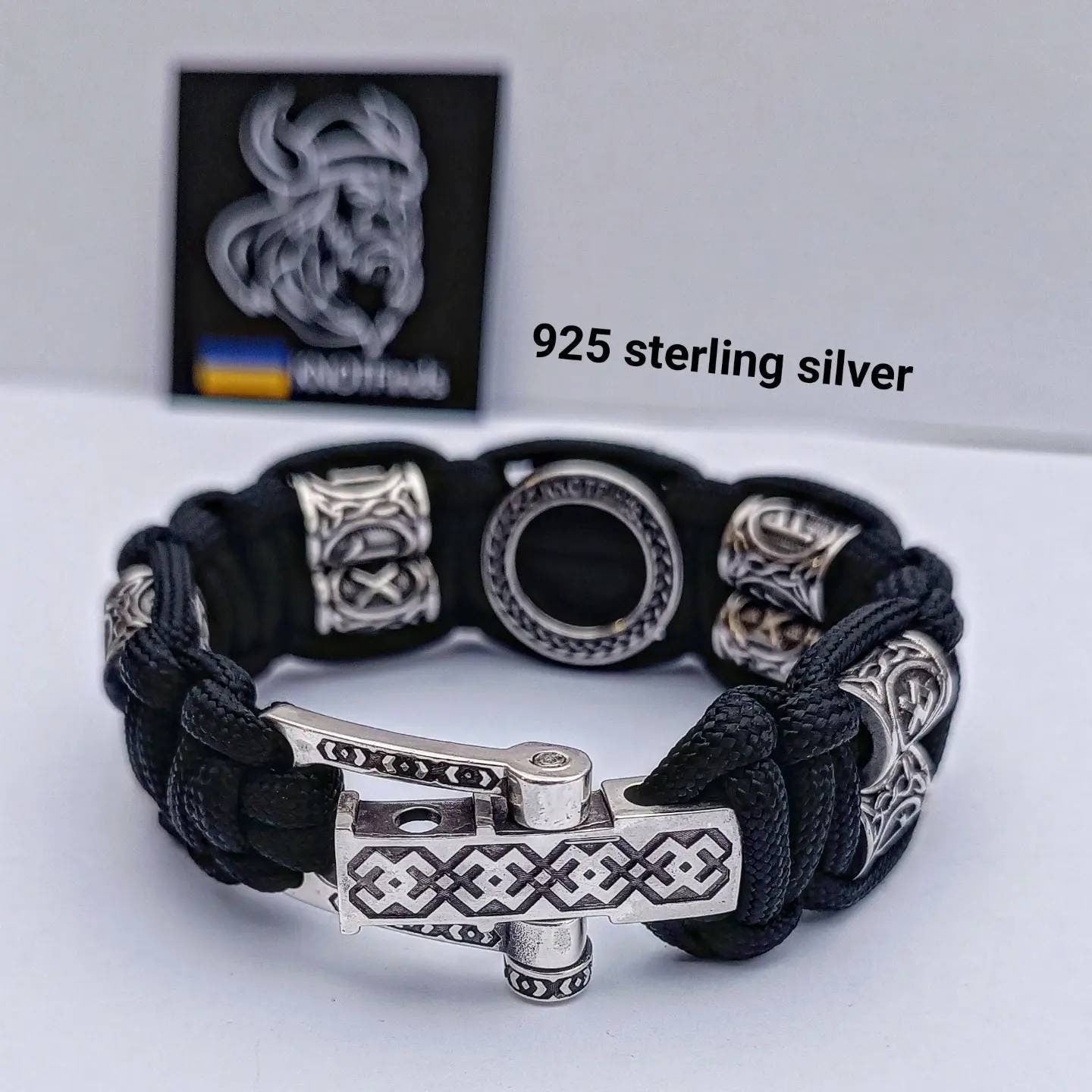 Vegvisir and runes paracord bracelet. 925 Sterling silver runes. Viking jewelry. Protective amulet.