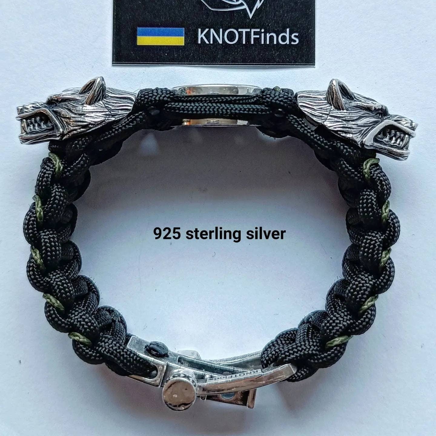 Paracord bracelet with beads "Wolf Head" and "Vegvisir". 925 Sterling silver. Norse mythology.