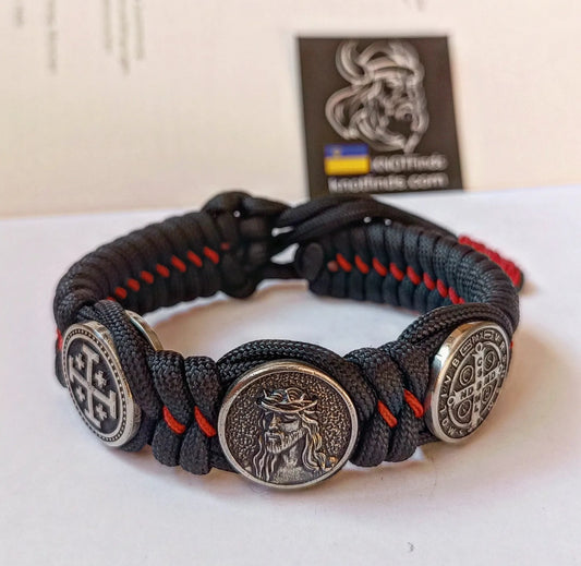Catholic bracelet. Christian protective amulet. Cross of Saint Benedict. Jerusalem Cross, Jesus Christ. Paracord bracelet.