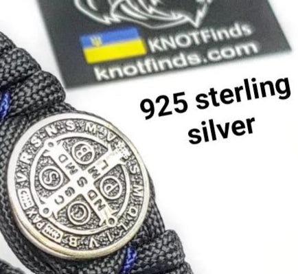 Handmade Paracord Bracelet with Saint Benedict Cross – Protective Amulet, Sterling Silver Bead, Celtic Knot Wristband