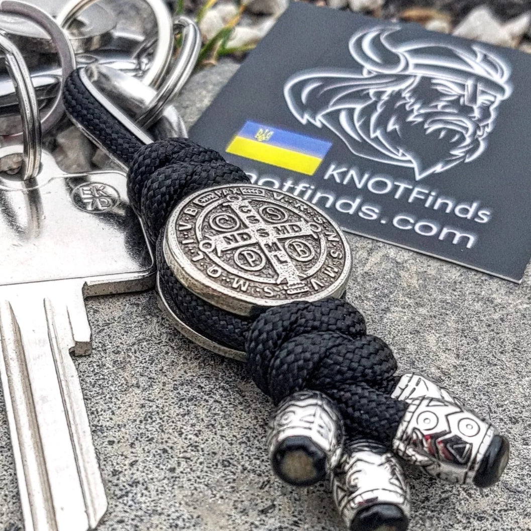 Saint Benedict Cross Keychain – Luxury Handmade Paracord Keychain, Protection Symbol, Christian Amulet, Men's EDC Stainless Steel