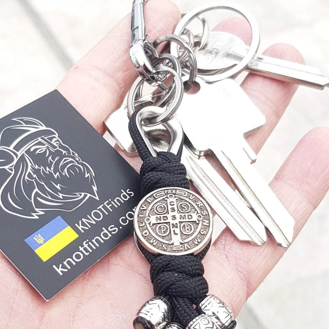 Saint Benedict Cross Keychain – Luxury Handmade Paracord Keychain, Protection Symbol, Christian Amulet, Men's EDC Stainless Steel