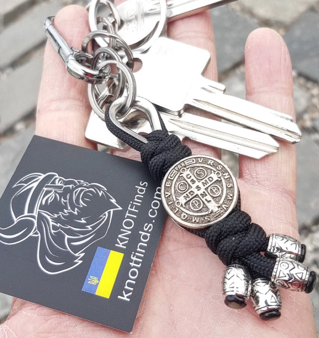 Saint Benedict Cross Keychain – Luxury Handmade Paracord Keychain, Protection Symbol, Christian Amulet, Men's EDC Stainless Steel