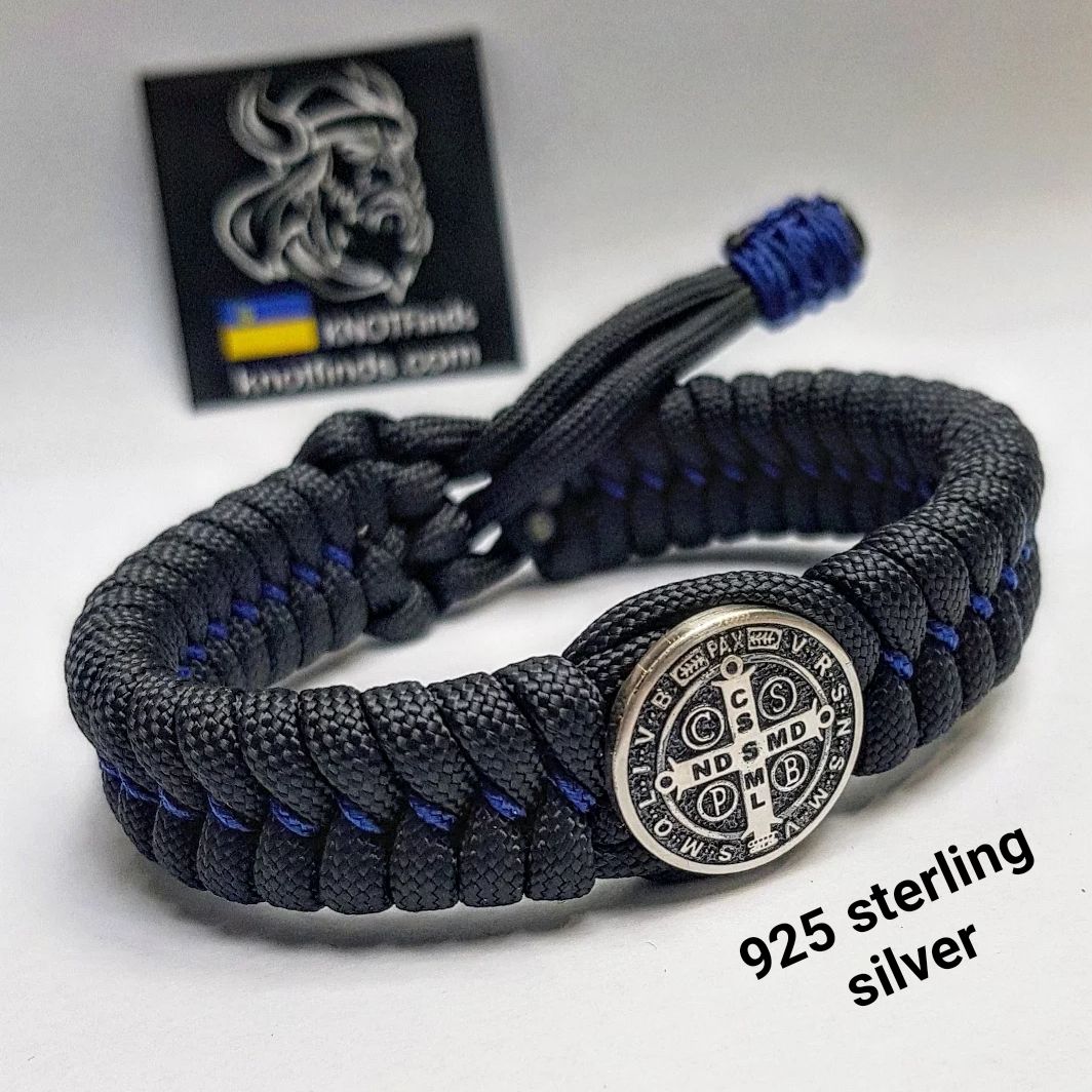 Handmade Paracord Bracelet with Saint Benedict Cross – Protective Amulet, Sterling Silver Bead, Celtic Knot Wristband