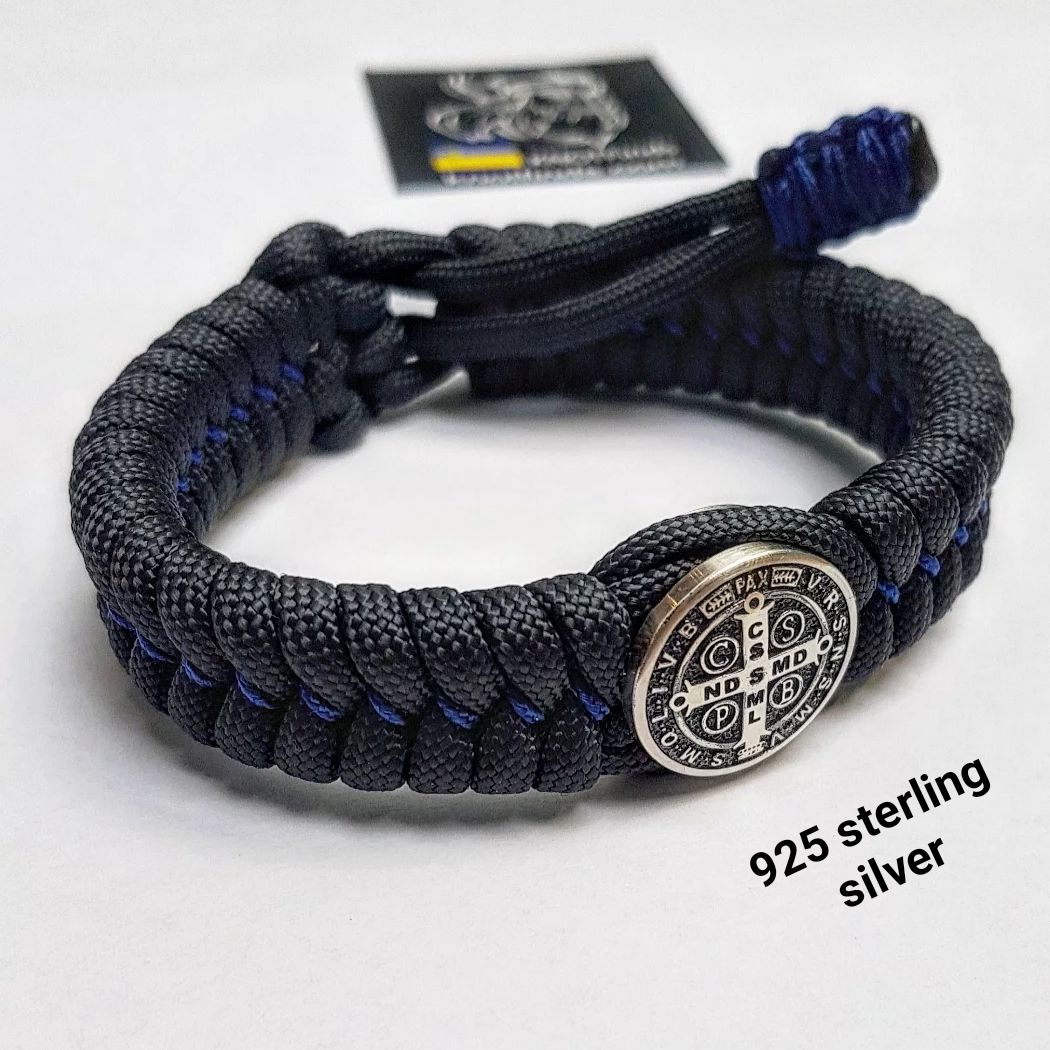 Handmade Paracord Bracelet with Saint Benedict Cross – Protective Amulet, Sterling Silver Bead, Celtic Knot Wristband