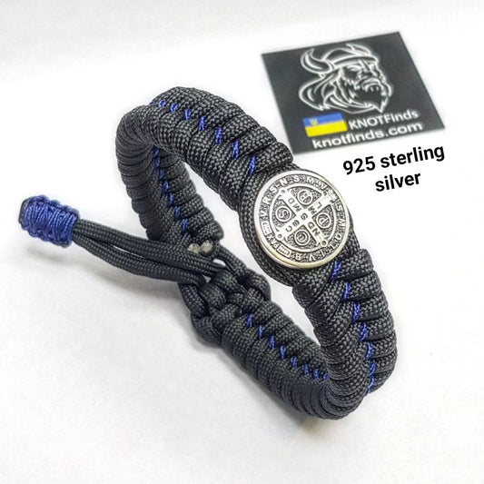 Handmade Paracord Bracelet with Saint Benedict Cross – Protective Amulet, Sterling Silver Bead, Celtic Knot Wristband