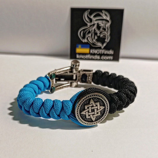 Paracord bangle. Paracord jewelry. Pagan symbols. Svarog square. Sky blue bracelet. Men's accessories.