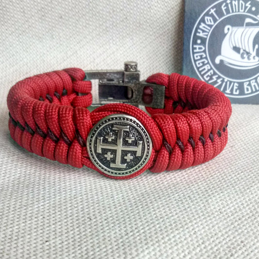 Red Paracord bracelet "JERUSALEM CROSS". The original brutal bracelet made of Celtic knots and beads. Scandinavian style.