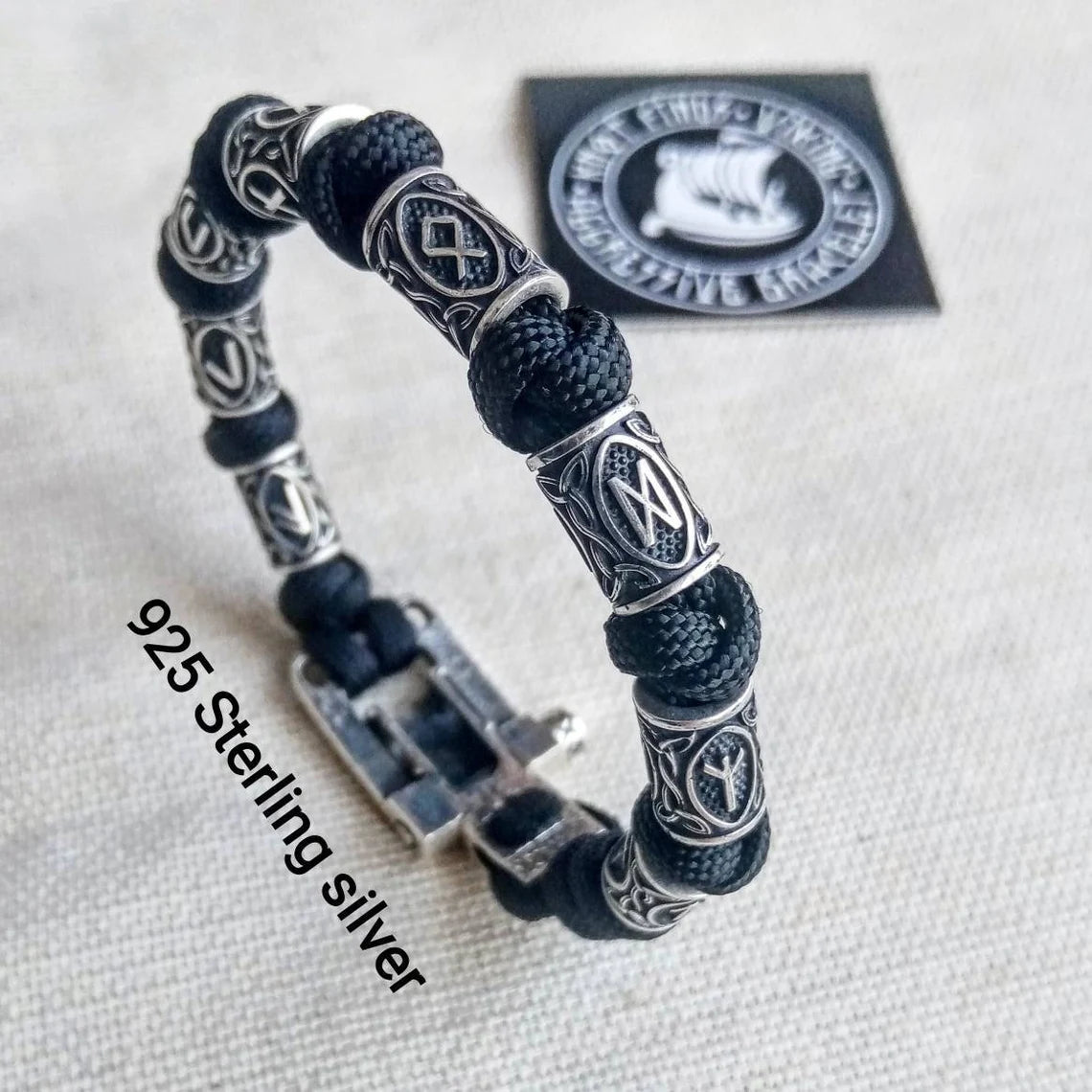 Runic paracord and 925 Sterling silver bracelet "VIKING". Nordic bracelet with runes beads.
