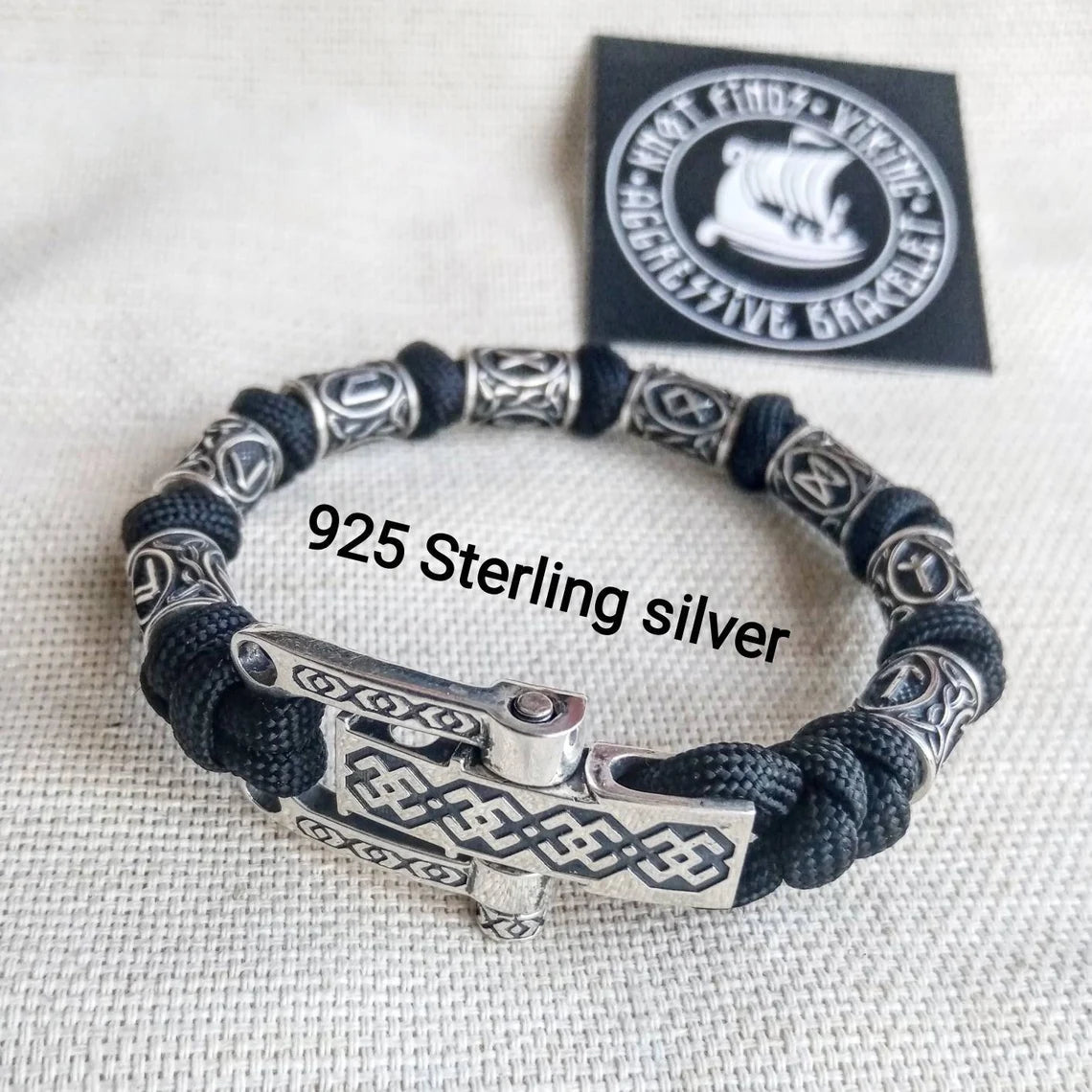 Runic paracord and 925 Sterling silver bracelet "VIKING". Nordic bracelet with runes beads.