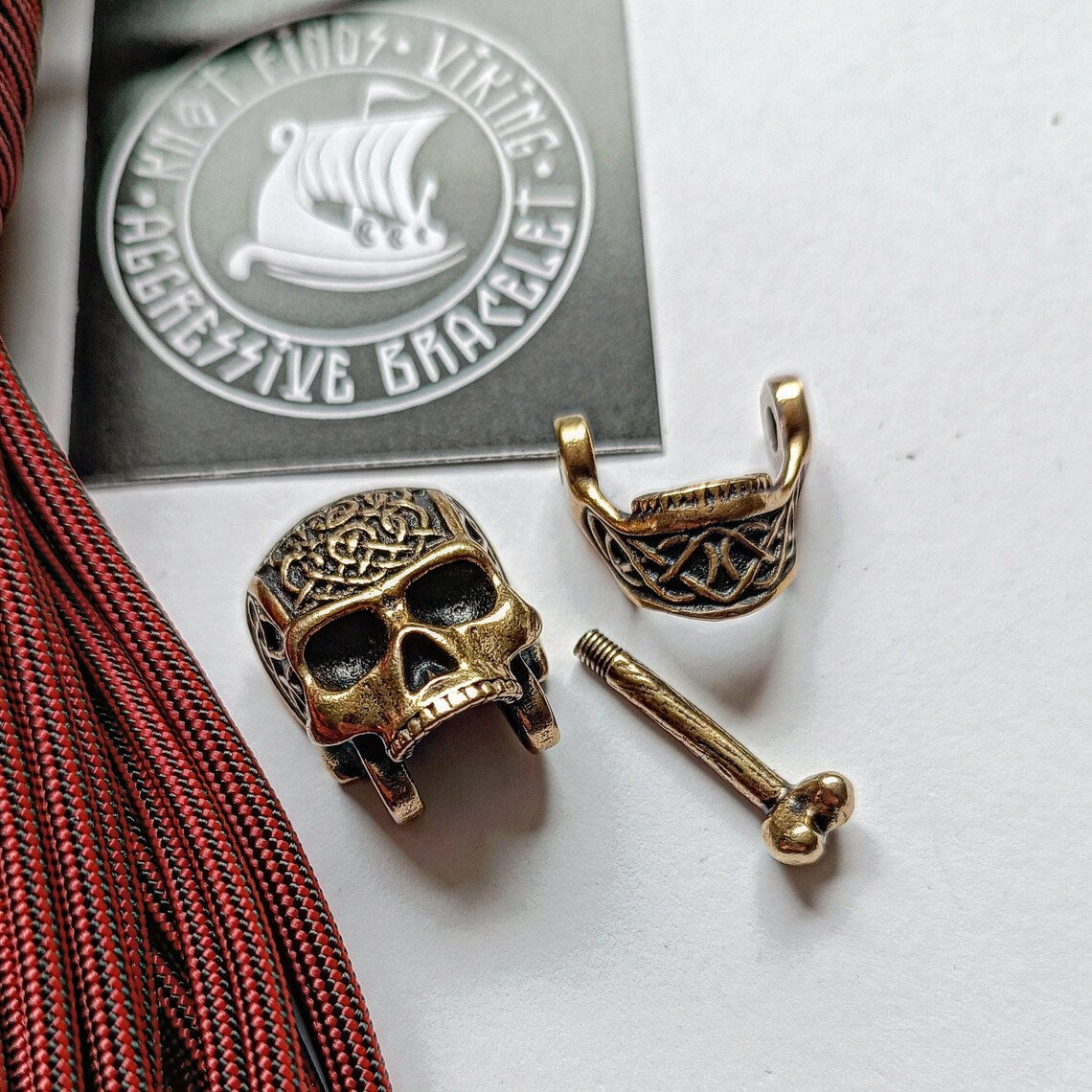 Brass SKULL shackle. Beads for paracord weaving, viking style