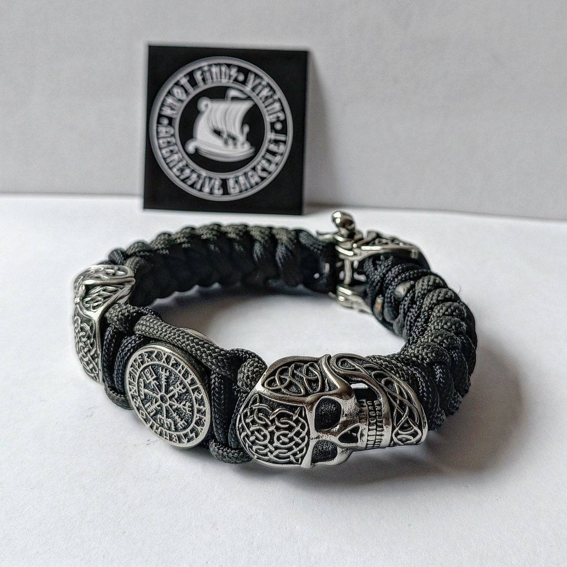 Scandinavian skull bracelet. Vegvisir symbol. Biker bangle. A great brutal gift for men and women who prefer a brutal style and skull.