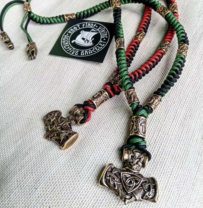 Mens necklace. Paracord necklace with beads. Mens Choker. Mjolnir necklace. Celtic knot. Nordic necklace.