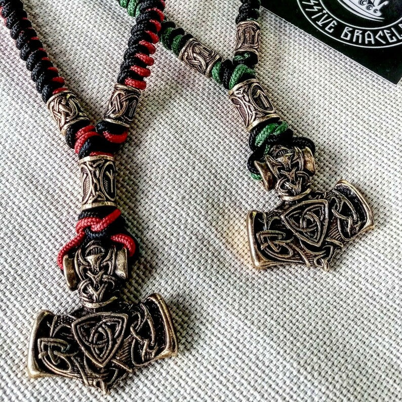 Mens necklace. Paracord necklace with beads. Mjolnir necklace. Celtic knot.