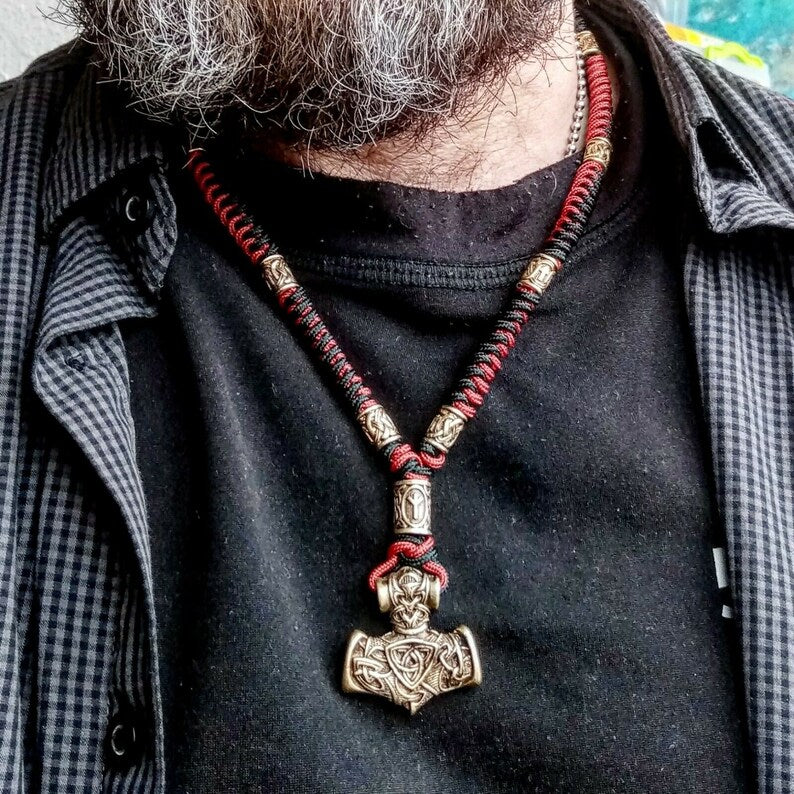 Mens necklace. Paracord necklace with beads. Mjolnir necklace. Celtic knot.