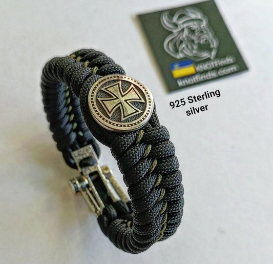 Handmade Paracord Bracelet "Templar Cross" – Celtic Knot Design, 925 Sterling Silver