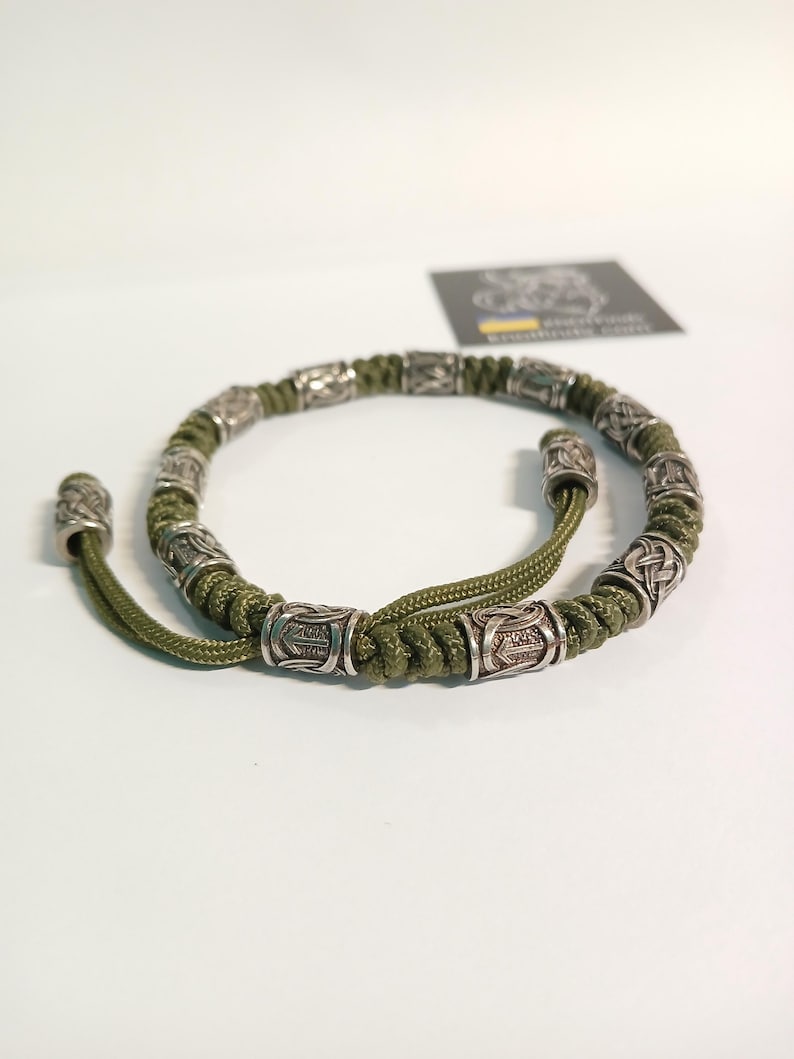 Olive Green Celtic Rune Anklet – Paracord Ankle Bracelet with German Silver Rune Beads | Viking Nordic Jewelry | Adjustable Gift for Him