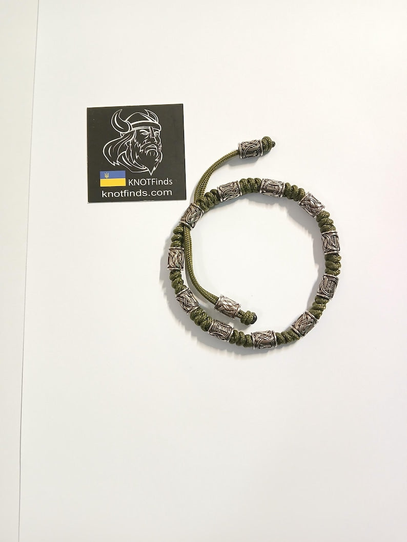 Olive Green Celtic Rune Anklet – Paracord Ankle Bracelet with German Silver Rune Beads | Viking Nordic Jewelry | Adjustable Gift for Him