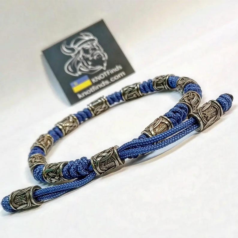 Men's Navy Blue Paracord Anklet – Viking Rune Bracelet | Silver Rune Beads | Handmade Nordic Rope Jewelry