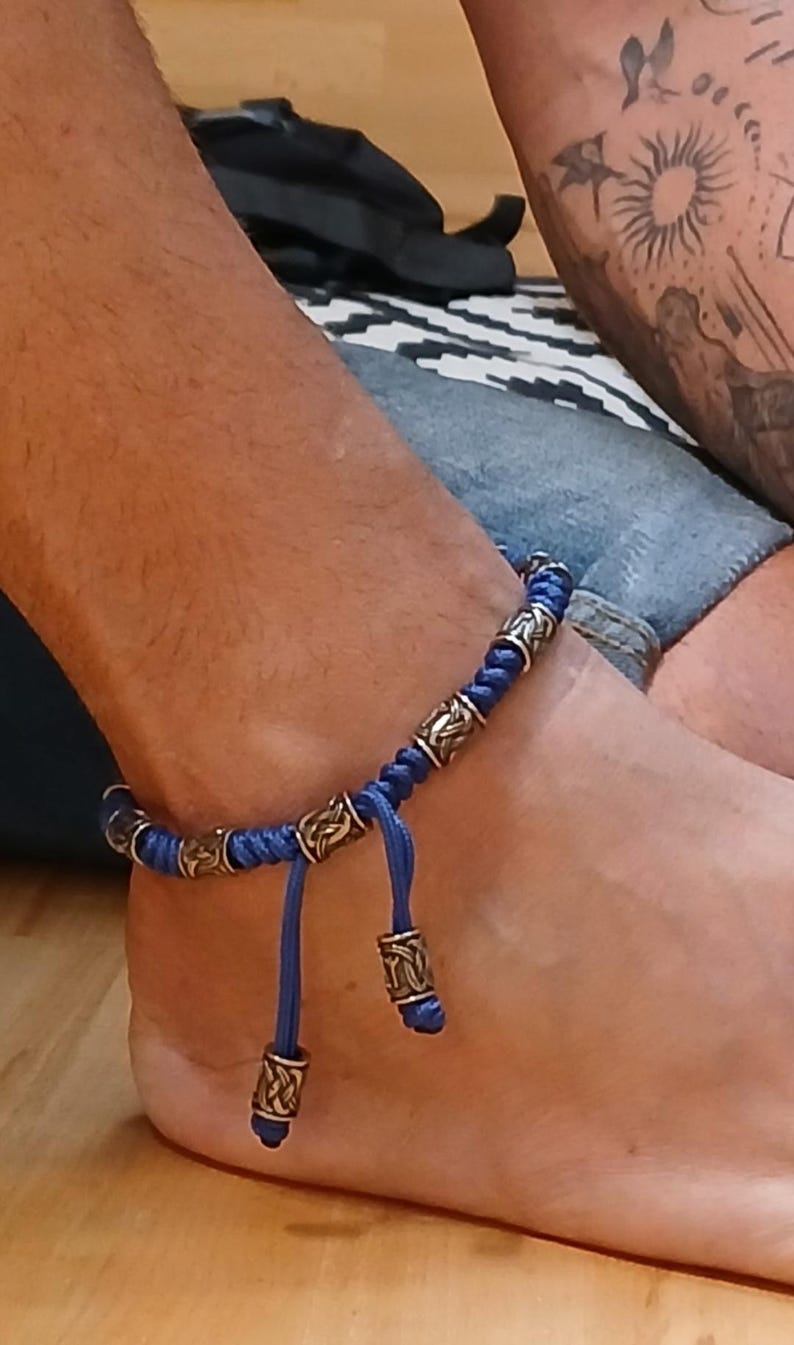 Men's Navy Blue Paracord Anklet – Viking Rune Bracelet | Silver Rune Beads | Handmade Nordic Rope Jewelry