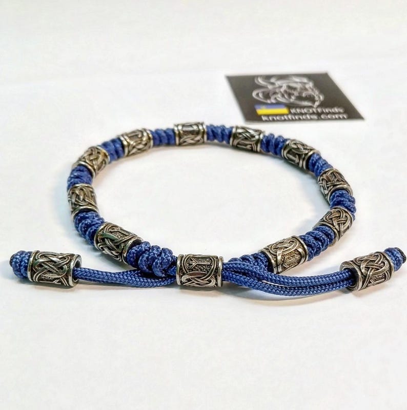 Men's Navy Blue Paracord Anklet – Viking Rune Bracelet | Silver Rune Beads | Handmade Nordic Rope Jewelry