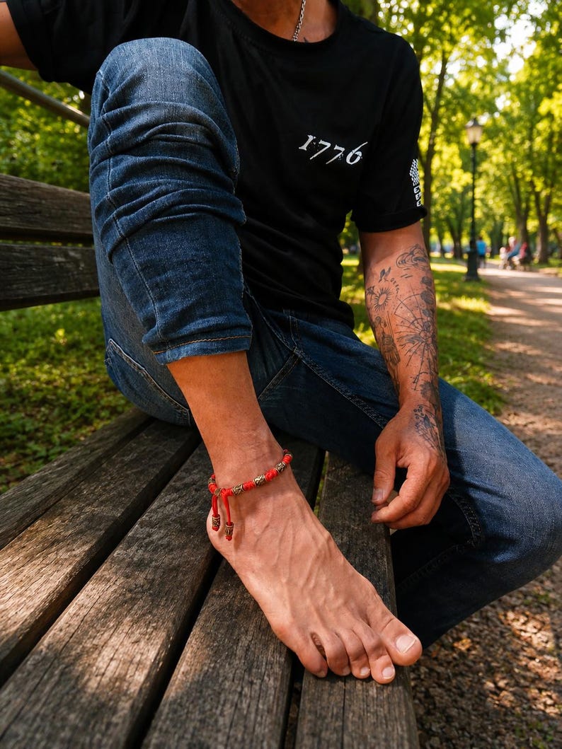 Men's Red Paracord Anklet – Celtic Rune Brass Anklet | Handmade Viking Warrior Anklet | Adjustable Men's Ankle Bracelet | Gift for Him