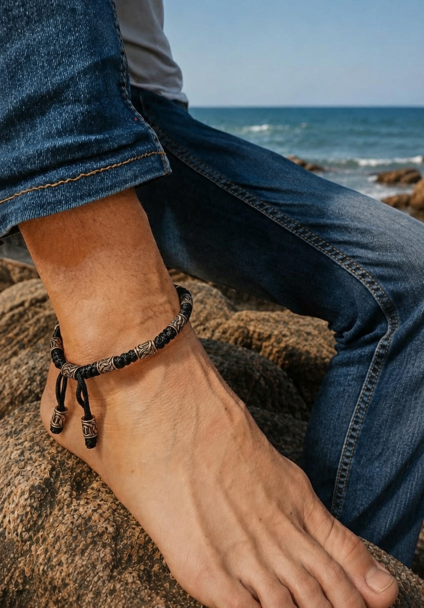 Men's Celtic Paracord Anklet, Viking Rune Brass Beads Ankle Bracelet, Adjustable Nordic Handmade Jewelry Gift for Him