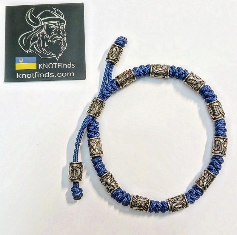 Men's Navy Blue Paracord Anklet – Viking Rune Bracelet | Silver Rune Beads | Handmade Nordic Rope Jewelry