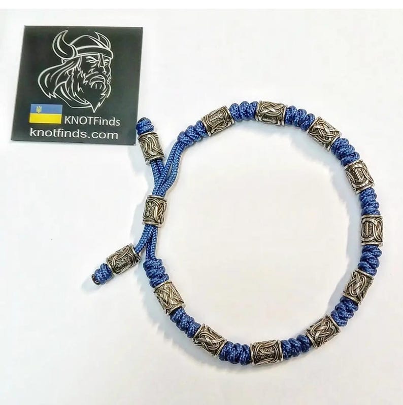 Men's Navy Blue Paracord Anklet – Viking Rune Bracelet | Silver Rune Beads | Handmade Nordic Rope Jewelry