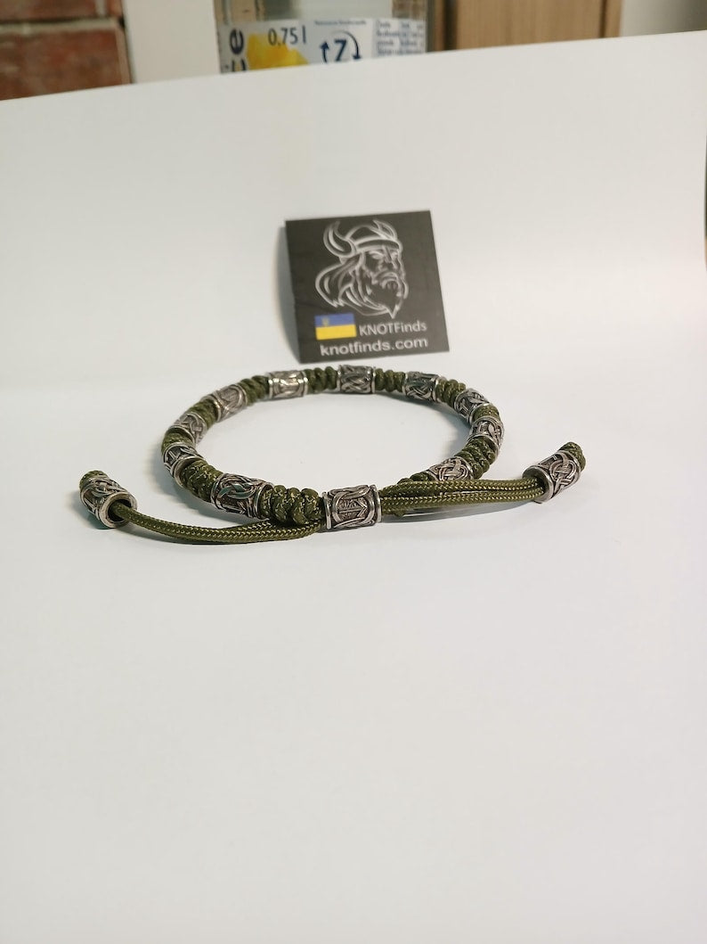 Olive Green Celtic Rune Anklet – Paracord Ankle Bracelet with German Silver Rune Beads | Viking Nordic Jewelry | Adjustable Gift for Him