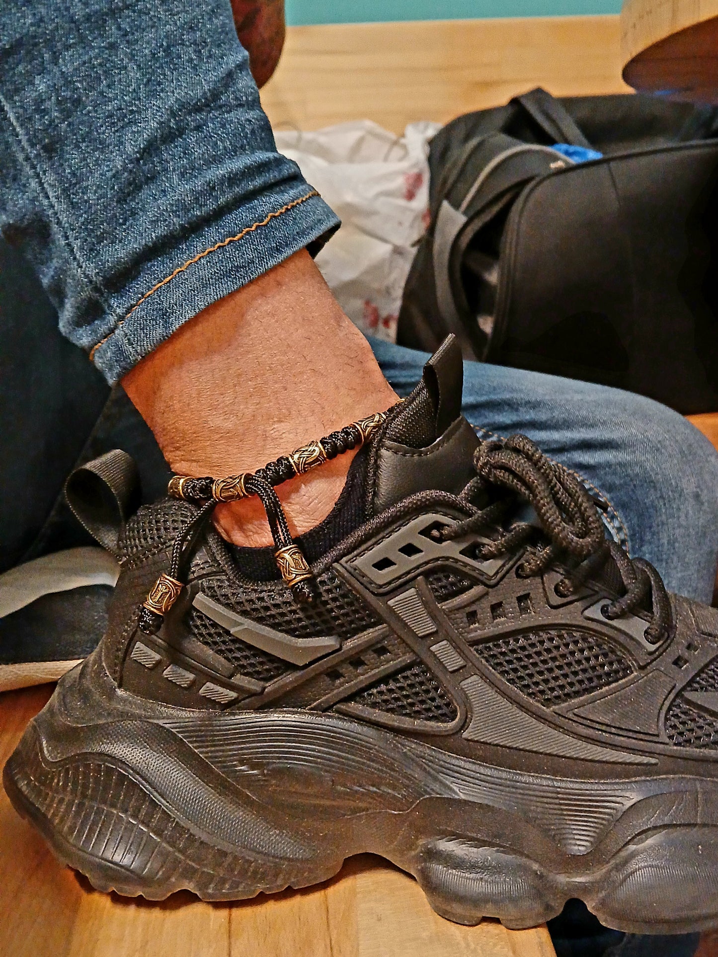 Men's Celtic Paracord Anklet, Viking Rune Brass Beads Ankle Bracelet, Adjustable Nordic Handmade Jewelry Gift for Him