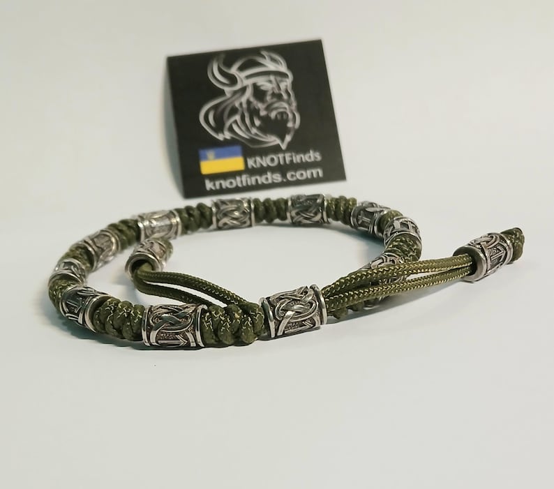 Olive Green Celtic Rune Anklet – Paracord Ankle Bracelet with German Silver Rune Beads | Viking Nordic Jewelry | Adjustable Gift for Him