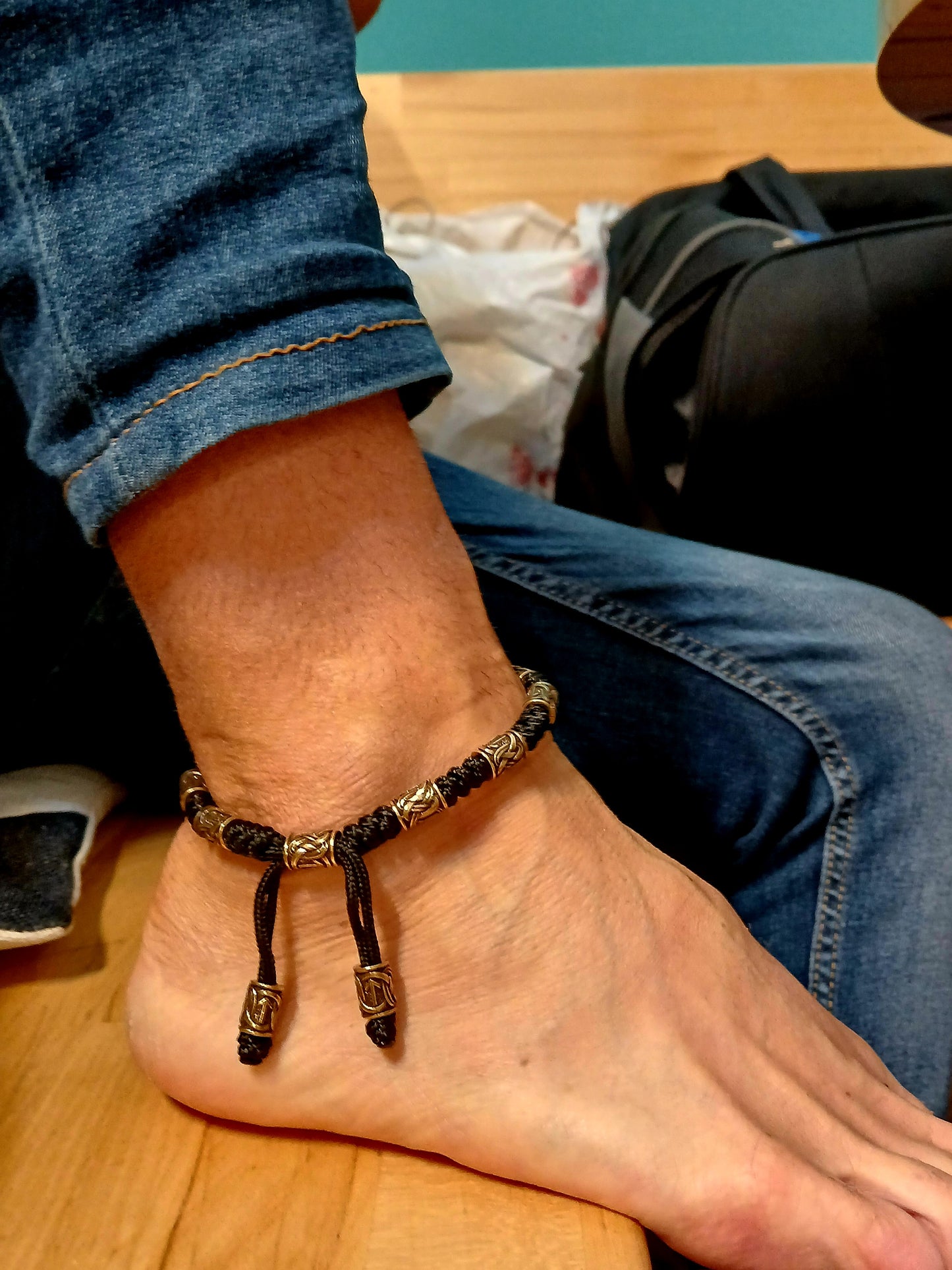 Men's Celtic Paracord Anklet, Viking Rune Brass Beads Ankle Bracelet, Adjustable Nordic Handmade Jewelry Gift for Him