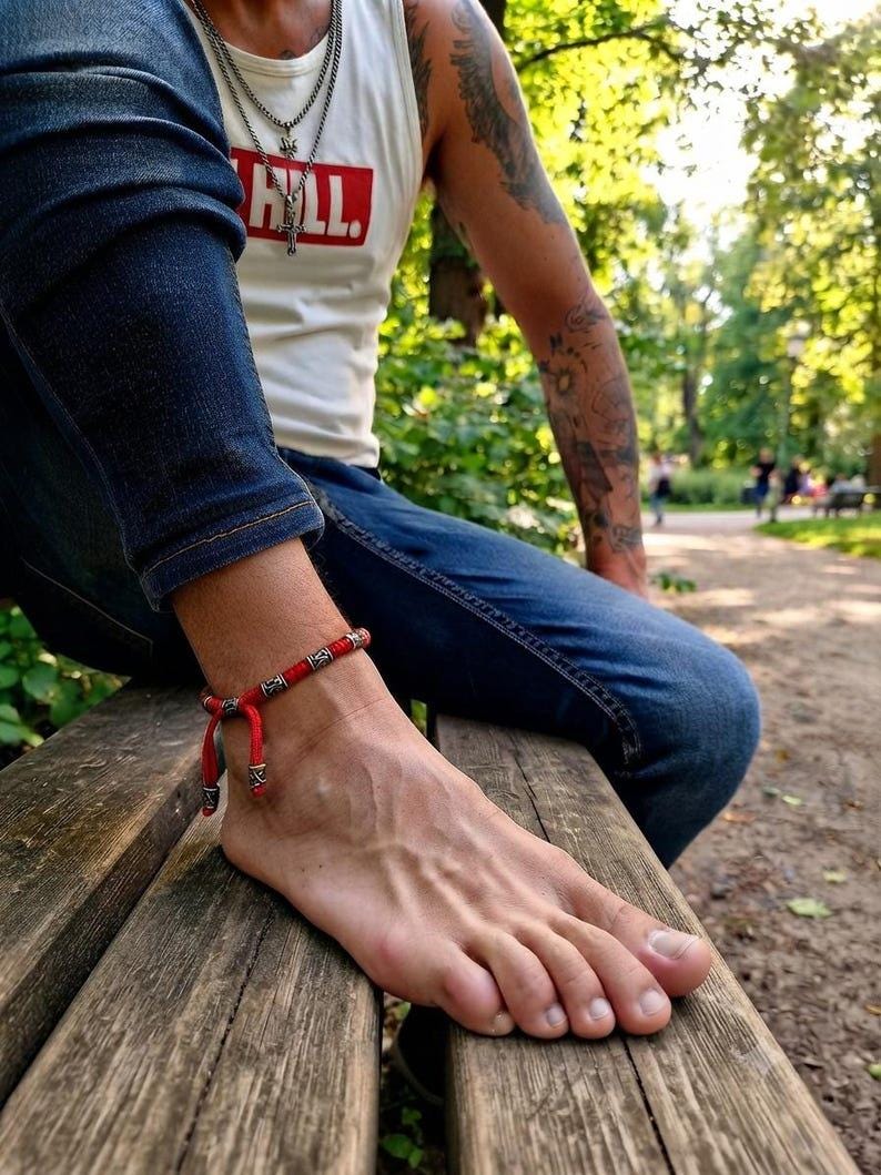 Men's Red Paracord Anklet – Celtic Rune Brass Anklet | Handmade Viking Warrior Anklet | Adjustable Men's Ankle Bracelet | Gift for Him