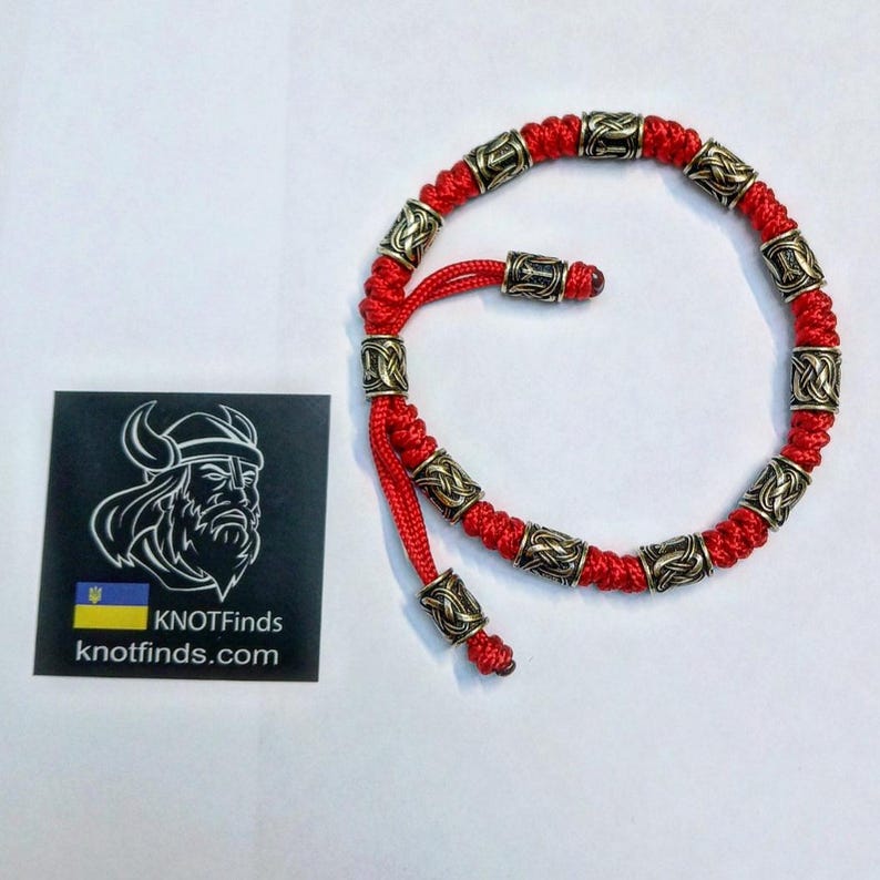 Men's Red Paracord Anklet – Celtic Rune Brass Anklet | Handmade Viking Warrior Anklet | Adjustable Men's Ankle Bracelet | Gift for Him