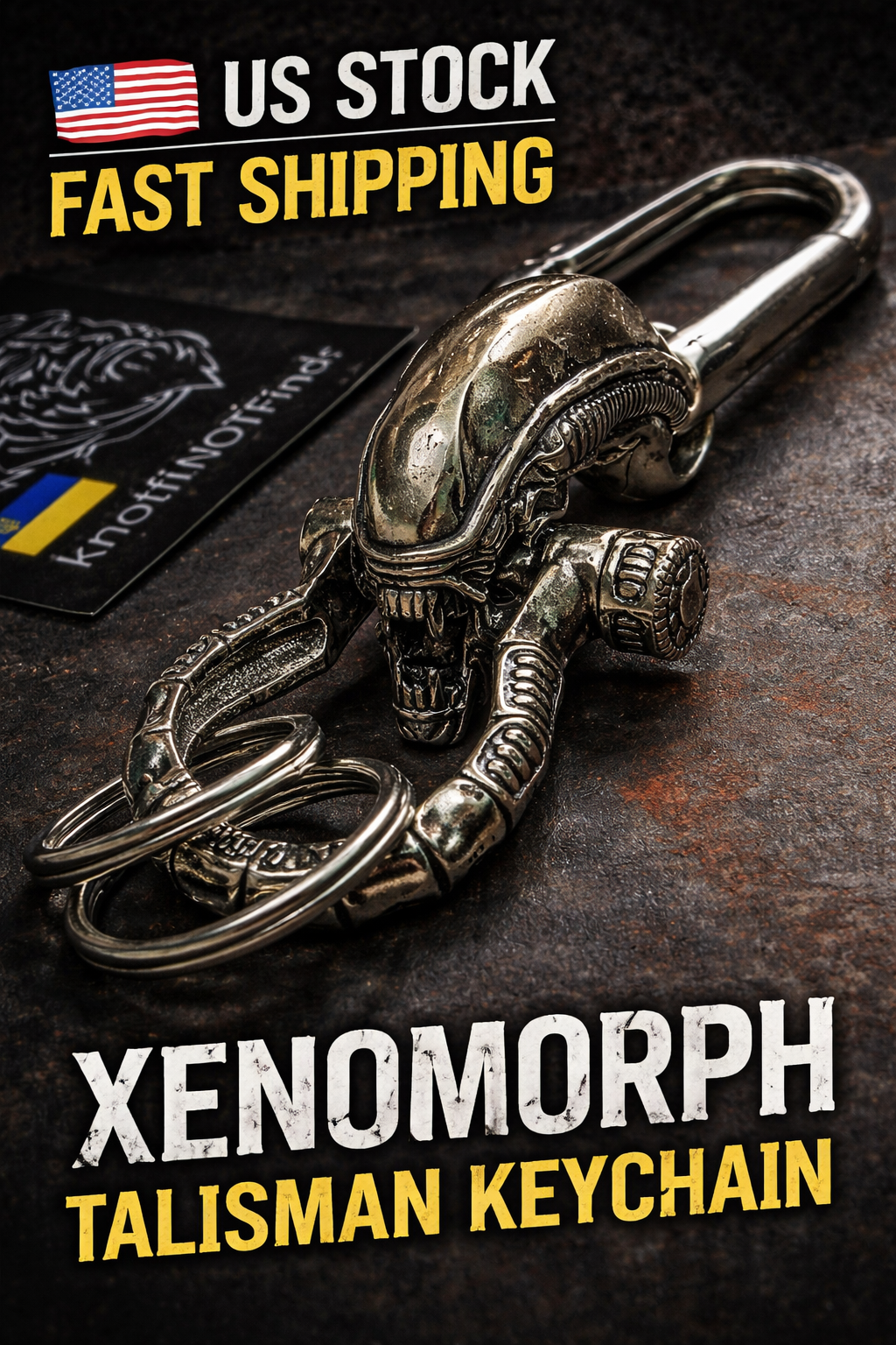 Xenomorph Talisman Keychain, Alien Creature Keychain, Sci Fi Horror Keyring, Gothic Gift for Him, Handmade Stainless Steel, US Stock